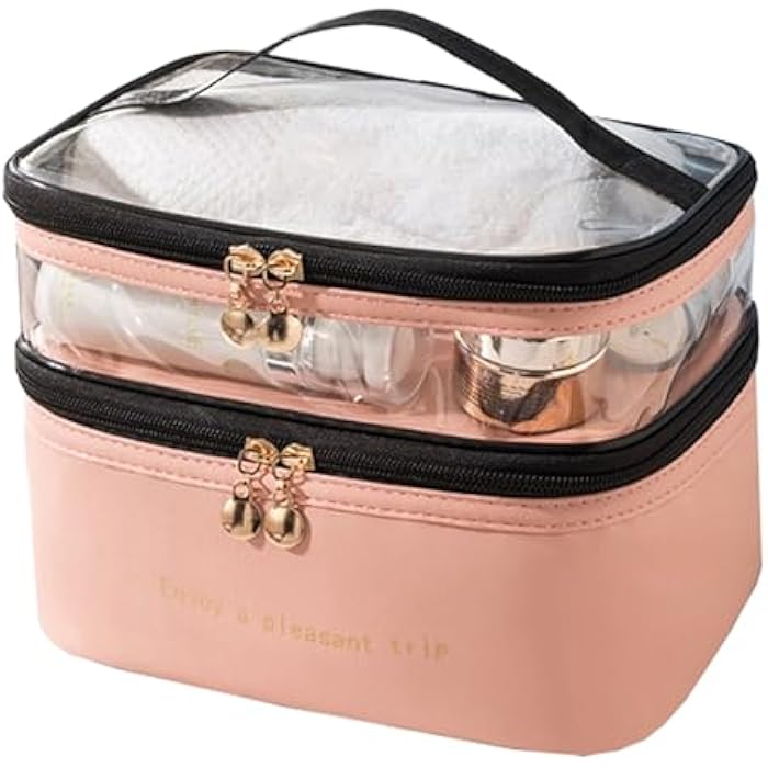 gepas Cosmetic Bag, Leather Double Layer Cosmetic Bag, Large Capacity Waterproof Makeup Bag, Made of Leather, 23 x 17 x 16 cm, Pink - Image 1